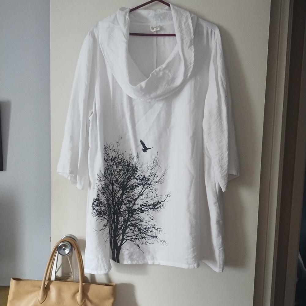 ET LOIS White Cotton Cowl Tree + Bird Motif Tunic 1X Lagenlook